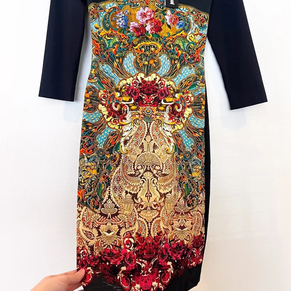 Just Cavalli Black Geometric Floral Designer Colorblock Bodycon Mini Dress XS - Picture 3 of 12